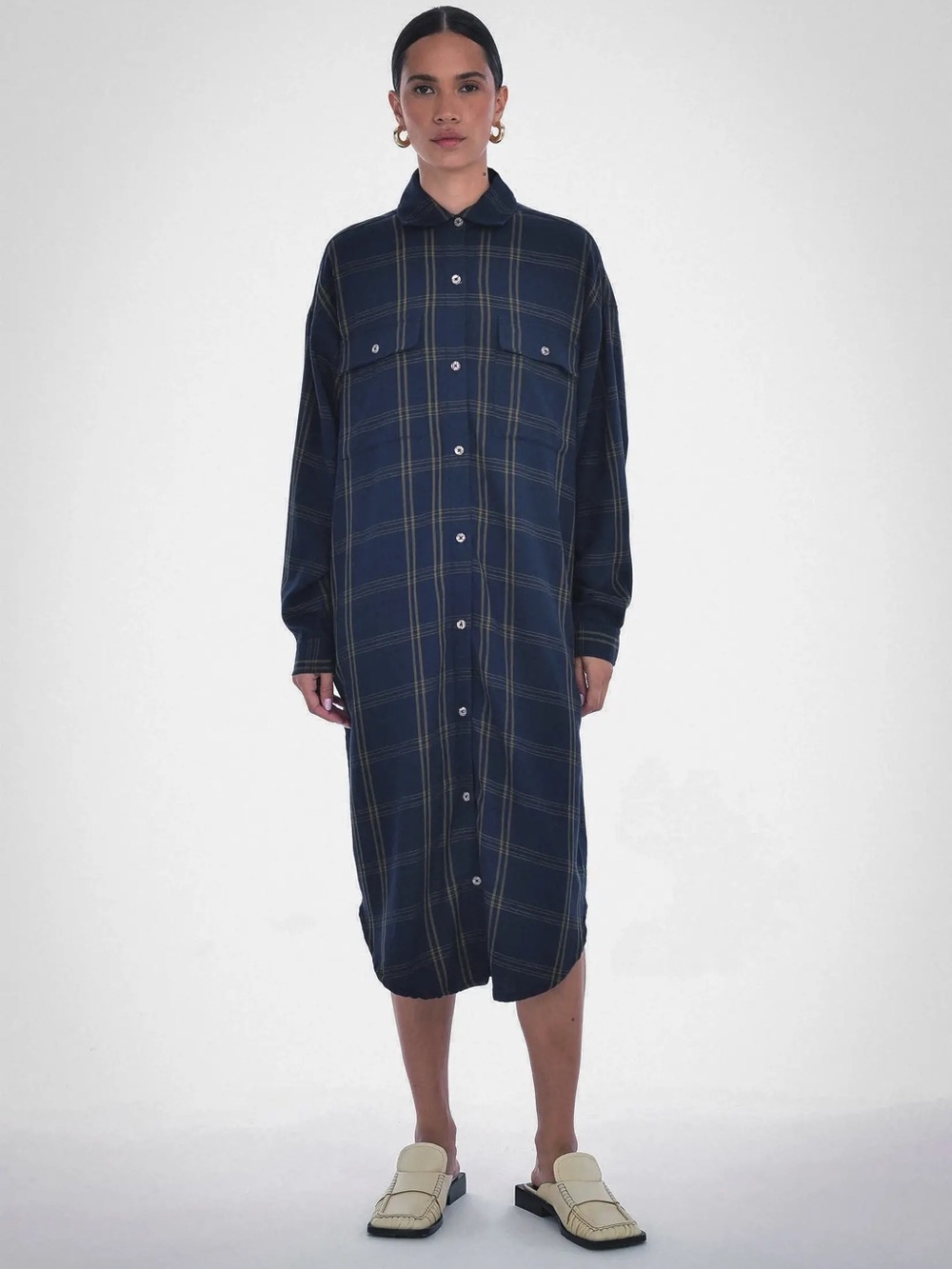 Paper Label Navy Plaid Cotton Flannel Maxi Shirt Dress Size M